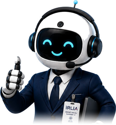 IRLIA, l'agent vocal de support IT, en costume avec un casque centre d'appels